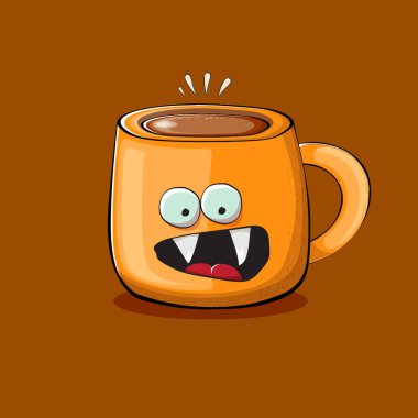 Kahverengi arka planda izole edilmiş gülen yüzlü vektör çizgi film karakteri. Funky Kawaii portakallı kahve kupası karakteri. Günaydın konsept resimleme ve komik kahve.