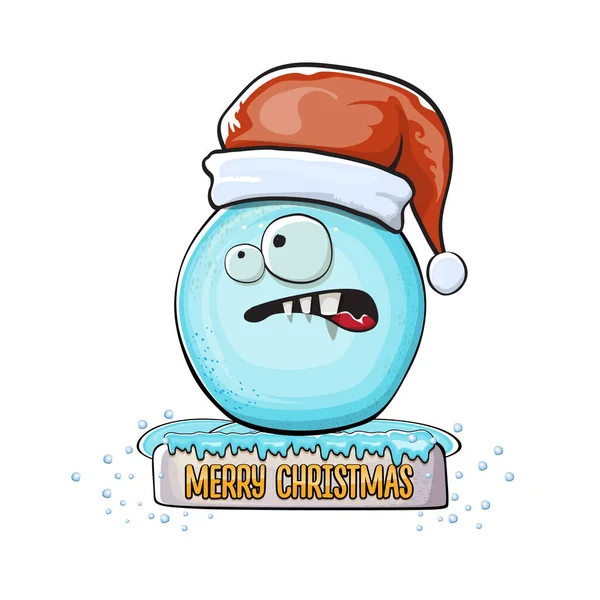 Personagem de bola de neve de desenho animado vetorial com chapéu de Papai Noel vermelho isolado no fundo branco. Crianças Feliz Natal cartão de saudação com bola de neve monstro engraçado. Desenhos animados Santa — Vetor de Stock