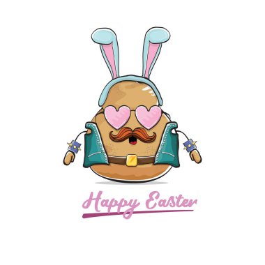 Vector rock star easter potato funny cartoon character with blue easter bunny ears isolated on white background. rock n roll easter party poster or happy easter greeting card