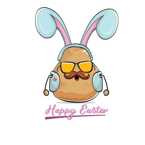 Vector rock star easter potato funny cartoon character with blue easter bunny ears isolated on white background. rock n roll easter party poster or happy easter greeting card — Image vectorielle