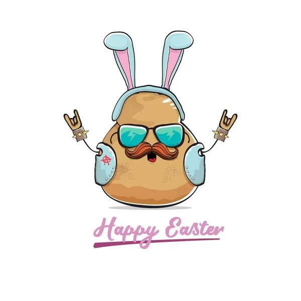 Vector rock star easter potato funny cartoon character with blue easter bunny ears isolated on white background. rock n roll easter party poster or happy easter greeting card — Stockvektor