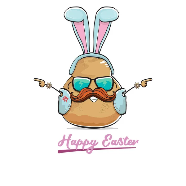 Vector rock star easter potato funny cartoon character with blue easter bunny ears isolated on white background. rock n roll easter party poster or happy easter greeting card — Image vectorielle