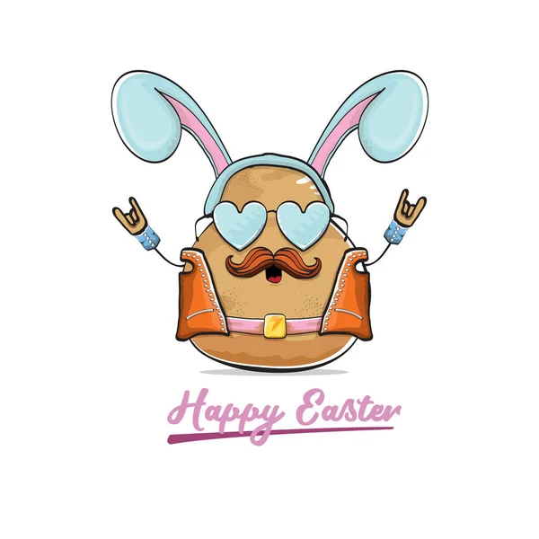 Vector rock star easter potato funny cartoon character with blue easter bunny ears isolated on white background. rock n roll easter party poster or happy easter greeting card — Stockvektor