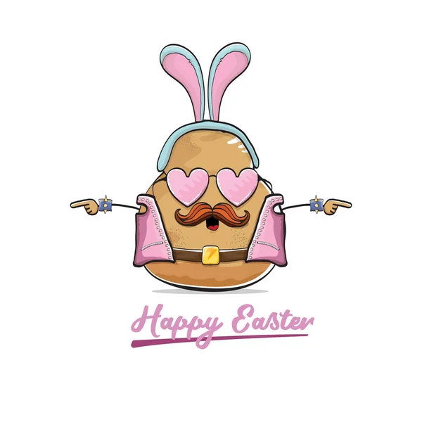 Vector rock star easter potato funny cartoon character with blue easter bunny ears isolated on white background. rock n roll easter party poster or happy easter greeting card — Vetor de Stock