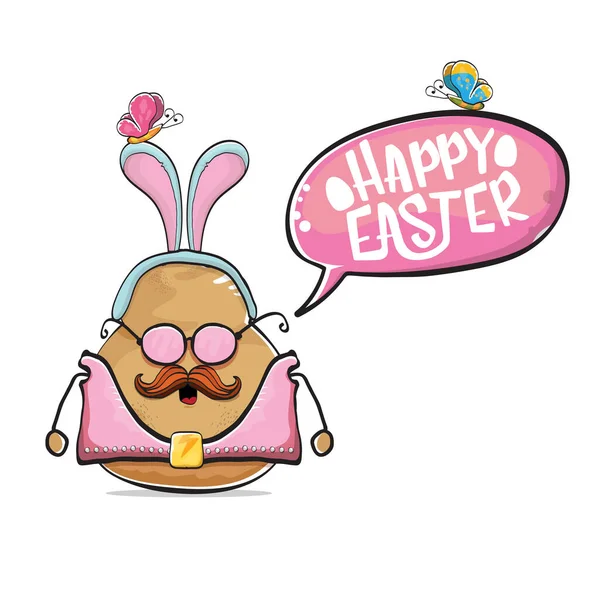Vector rock star easter potato funny cartoon character with blue easter bunny ears isolated on white background. rock n roll easter party poster or happy easter greeting card — Stock Vector