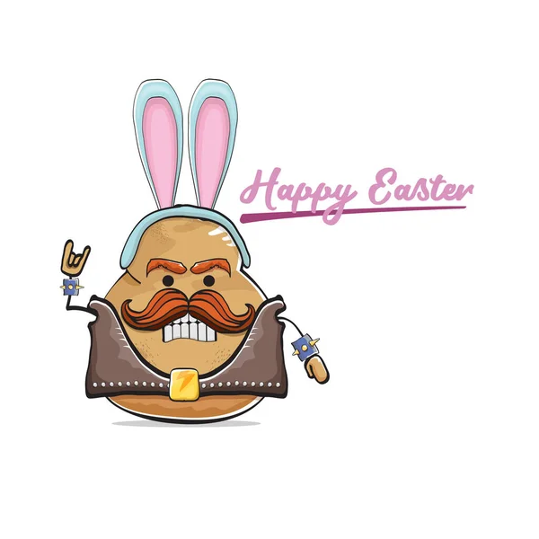 Vector rock star easter potato funny cartoon character with blue easter bunny ears isolated on white background. rock n roll easter party poster or happy easter greeting card — Stockvektor