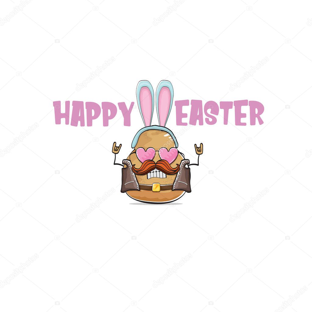 Vector rock star easter potato funny cartoon character with blue easter bunny ears isolated on white background. rock n roll easter party poster or happy easter card