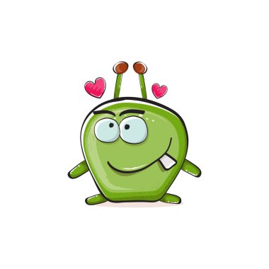 Vector cartoon funny green alien monster isolated on white background. Smiling silly green monster print sticker design template. Cute Ghost, troll, gremlin, goblin, devil and monster