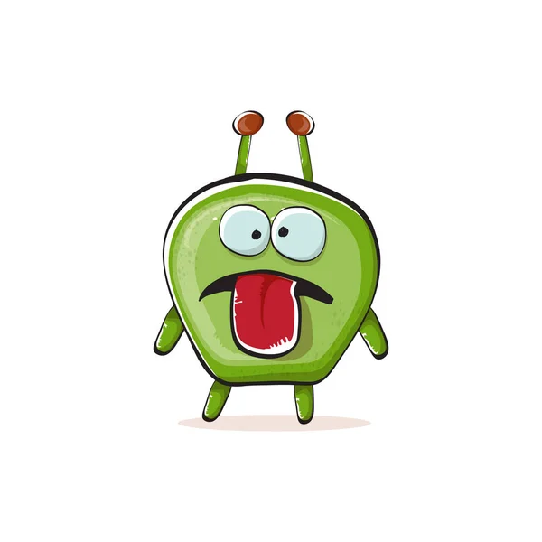 Dibujos animados vectorial divertido monstruo alienígena verde aislado sobre fondo blanco. Sonriente plantilla de diseño de etiqueta engomada monstruo verde tonto impresión. Fantasma lindo, troll, gremlin, duende, diablo y monstruo — Archivo Imágenes Vectoriales