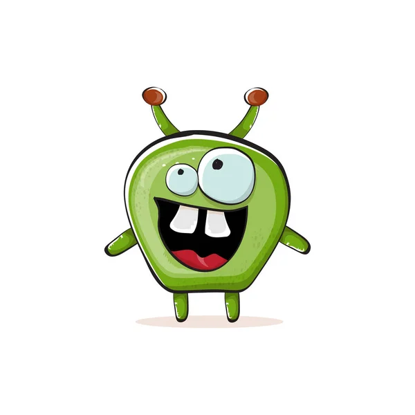 Vector cartoon funny green alien monster isolated on white background. Smiling silly green monster print sticker design template. Cute Ghost, troll, gremlin, goblin, devil and monster — Stok Vektör