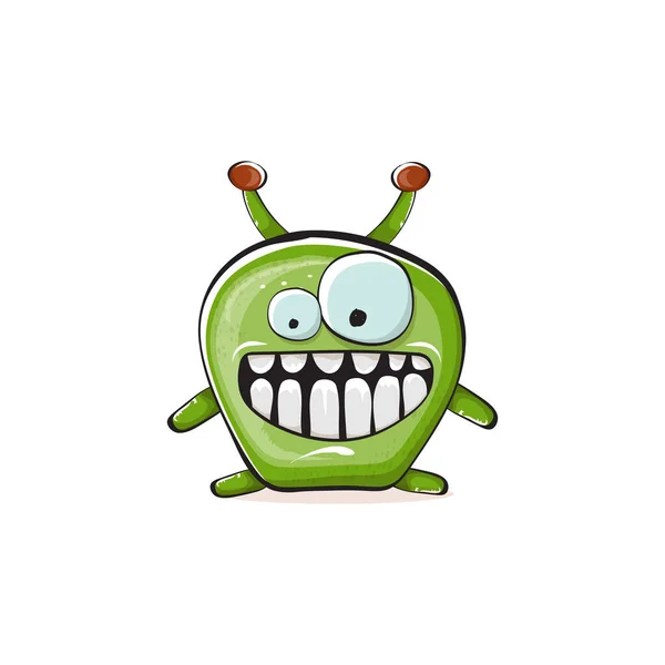 Vector cartoon funny green alien monster isolated on white background. Smiling silly green monster print sticker design template. Cute Ghost, troll, gremlin, goblin, devil and monster — стоковый вектор