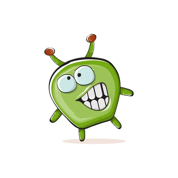 Vector cartoon funny green alien monster isolated on white background. Smiling silly green monster print sticker design template. Cute Ghost, troll, gremlin, goblin, devil and monster — Vetor de Stock