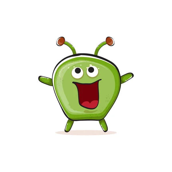 Vector cartoon funny green alien monster isolated on white background. Smiling silly green monster print sticker design template. Cute Ghost, troll, gremlin, goblin, devil and monster — 스톡 벡터