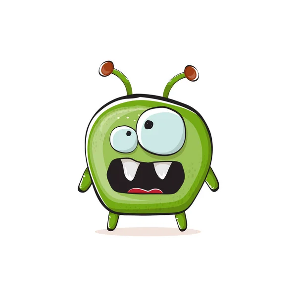 Vector cartoon funny green alien monster isolated on white background. Smiling silly green monster print sticker design template. Cute Ghost, troll, gremlin, goblin, devil and monster —  Vetores de Stock