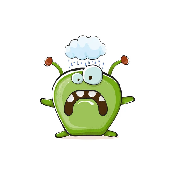 Vector cartoon funny green alien monster isolated on white background. Smiling silly green monster print sticker design template. Cute Ghost, troll, gremlin, goblin, devil and monster — стоковый вектор