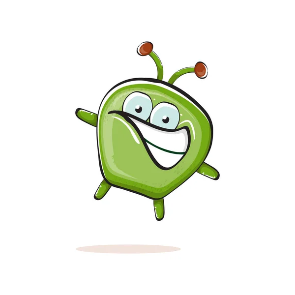 Vector cartoon funny green alien monster isolated on white background. Smiling silly green monster print sticker design template. Cute Ghost, troll, gremlin, goblin, devil and monster — Stockvector