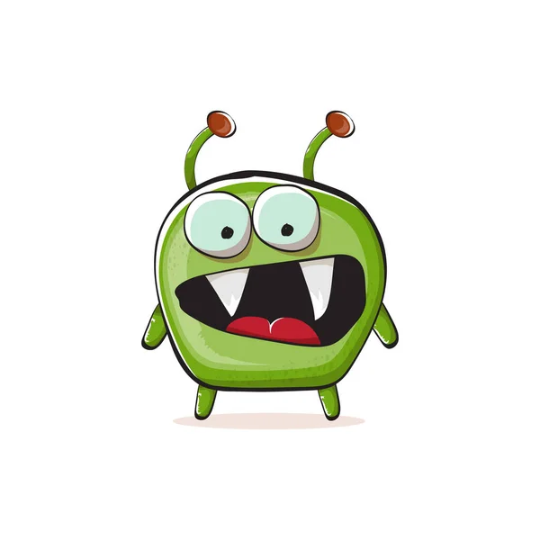 Vector cartoon funny green alien monster isolated on white background. Smiling silly green monster print sticker design template. Cute Ghost, troll, gremlin, goblin, devil and monster — Stockový vektor