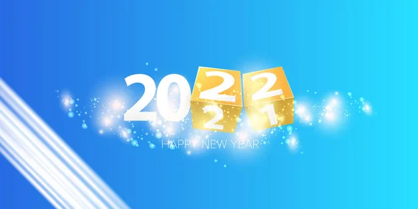 2022 Feliz año nuevo diseño creativo horizontal banner fondo y tarjeta de felicitación con texto. vector 2022 nuevos números de año aislados en el fondo azul moderno con destellos y luces — Vector de stock