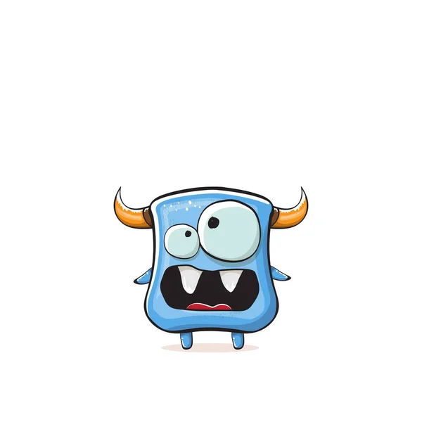 Vector Cartoon lustiges blaues Monster mit Horn isoliert auf weißem Hintergrund. Lächelnde alberne blaue Monster-Print-Sticker-Designvorlage. Geist, Troll, Gremlin, Kobold, Teufel und Monster — Stockvektor