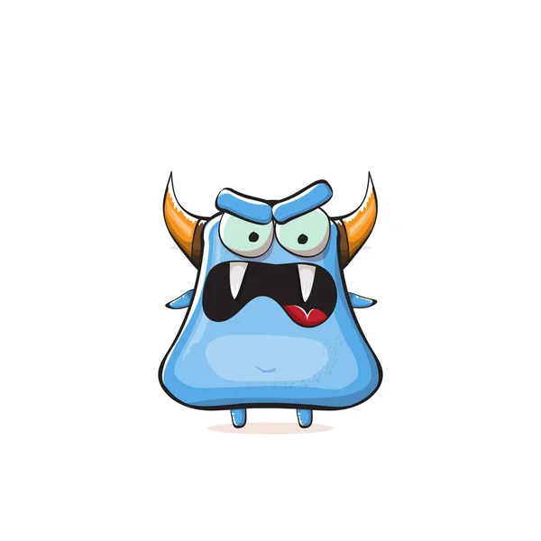 Vector cartoon grappig blauw monster met hoorn geïsoleerd op witte achtergrond. Glimlachende domme blauwe monster print sticker ontwerp template. Geest, trol, gremlin, kabouter, duivel en monster — Stockvector