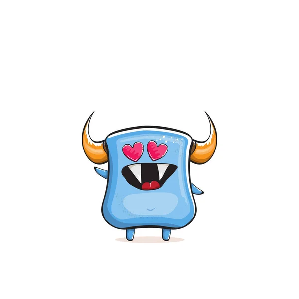 Vector cartoon grappig blauw monster met hoorn geïsoleerd op witte achtergrond. Glimlachende domme blauwe monster print sticker ontwerp template. Geest, trol, gremlin, kabouter, duivel en monster — Stockvector