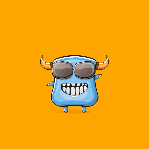 Vector cartoon funny blue monster with horn and sunglasses isolated on orange background. Smiling silly blue monster print sticker design template. Ghost, troll, gremlin, goblin, devil and monster — Stock Vector