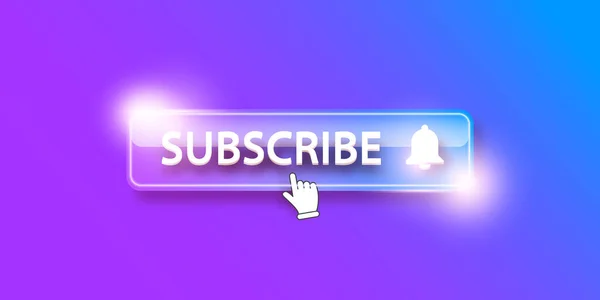 Fialové sklo předplatné tlačítko s zvonek izolované na stylovém fialovém pozadí. Premium Subscribe banner design template with glossy Subscribe video or channel button and hand Stock Ilustrace