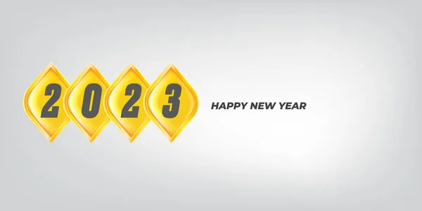 2023 Mutlu yıllar yatay afiş arkaplan ve 2023 mesajlı tebrik kartı. 2023 yeni yıl etiketi, etiketi, simgesi, logosu ve rozeti şık gri arka planda izole edilmiş. — Stok Vektör