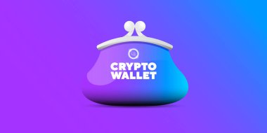 Cüzdan ve menekşe arka planda izole kripto bozuk paralarla kripto cüzdan konsepti çizimi. Kripto cüzdan iniş sayfası ve poster tasarım şablonu. Bitcon, solana, ethereum için kripto cüzdan