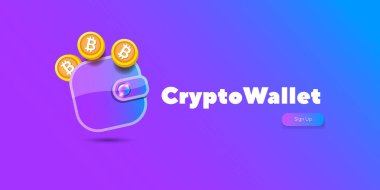 Cüzdan ve menekşe arka planda izole kripto bozuk paralarla kripto cüzdan konsepti çizimi. Kripto cüzdan iniş sayfası ve poster tasarım şablonu. Bitcon, solana, ethereum için kripto cüzdan
