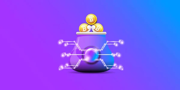 Cryptocurrency pénztárca koncepció illusztráció pénztárca és crypto érmék elszigetelt lila háttér. Crypto pénztárca kezdőlap és poszter design sablon. Kripto pénztárca bitcon, solana, Ethereum számára — Stock Vector