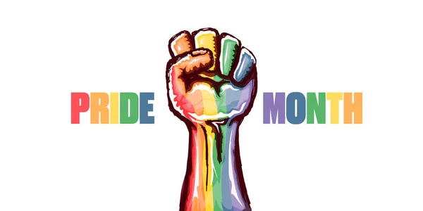 Yükselmiş LGBT yumruklu, beyaz arka planda izole lgbt bayrağıyla boyanmış mutlu bir gurur ayı yatay afişi. LGBT Onur Ayı ya da gurur günü poster tasarımı şablonu. LGBT hakları kavramınız için savaşın — Stok Vektör