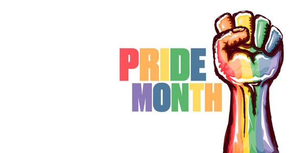 Happy hrdost měsíc horizontální prapor s Rised LGBT pěst zabarvený v vlajce lgbt izolované na bílém pozadí. LGBT Pýcha měsíc nebo hrdost den plakát design šablony. Bojujte za svůj koncept práv LGBT — Stockový vektor