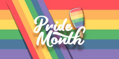 Gökkuşağı arka planında izole edilmiş gurur rengi dondurmalı mutlu bir ay yatay afişi. LGBT Onur Ayı ya da gurur günü posteri, buzlu dondurma ile davetiye partisi kartı