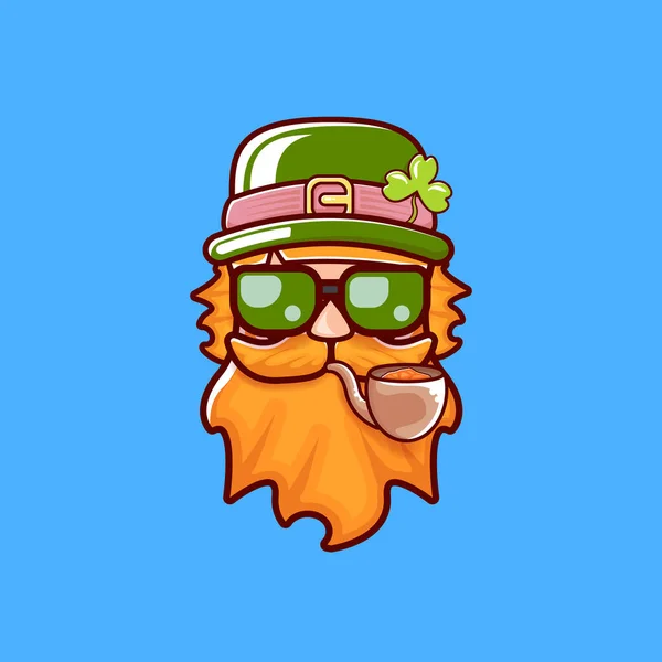 Saint Patricks Day greeting card. Irish Leprechaun with green hat, red mustache, beard, smoking pipe and funky hipster sunglasses isolated on blue. Saint Patrick label or line art cartoon style icon. — Stock Vector