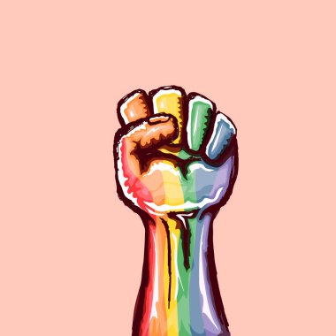 Yükseltilmiş LGBT yumruğu lgbt bayrağıyla renklendirilmiş pembe arka planda izole edilmiş. lgbt ayı ya da günlük poster tasarım şablonu. LGBT hakları konsept vektör çiziminiz için savaşın