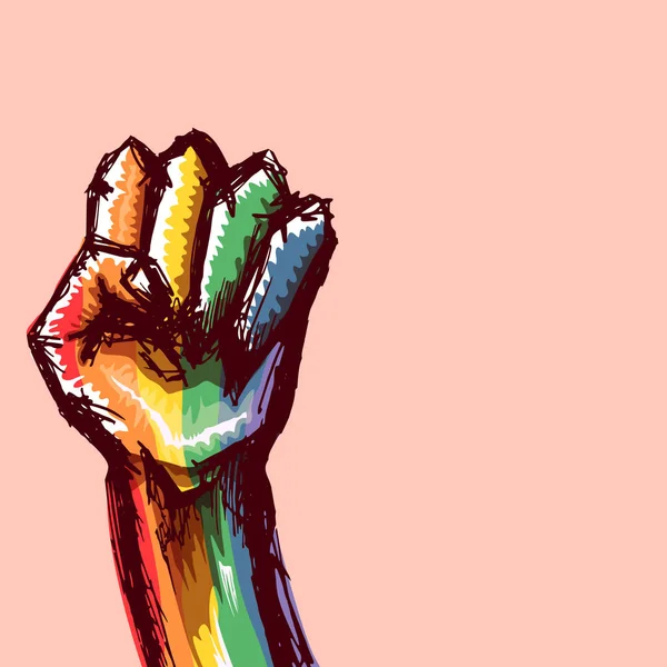 Поднятый ЛГБТ-кулак, окрашенный в флаг lgbt, выделенный на розовом фоне. Шаблон дизайна плаката lgbt month или day. Боритесь за свою концепцию векторной иллюстрации прав ЛГБТ — стоковый вектор