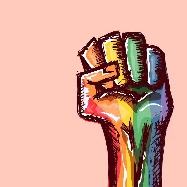 Erhobene LGBT-Faust in lgbt-Flagge isoliert auf rosa Hintergrund. lgbt Monat oder Tag Plakatentwurf Vorlage. Kampf um LGBT-Rechte — Stockvektor