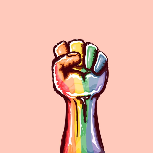 Yükseltilmiş LGBT yumruğu lgbt bayrağıyla renklendirilmiş pembe arka planda izole edilmiş. lgbt ayı ya da günlük poster tasarım şablonu. LGBT hakları konsept vektör çiziminiz için savaşın — Stok Vektör