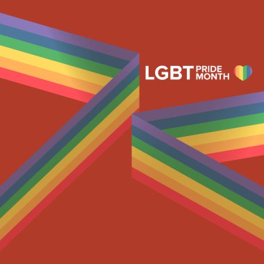 Kırmızı arka planda izole edilmiş, gurur rengi şeritli kurdele bayrağı olan mutlu bir gurur ayı kare afişi. LGBT Onur Ayı ya da gurur günü posteri, davet kartı modern tarz tasarım şablonu.