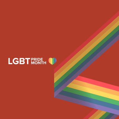Kırmızı arka planda izole edilmiş, gurur rengi şeritli kurdele bayrağı olan mutlu bir gurur ayı kare afişi. LGBT Onur Ayı ya da gurur günü posteri, davet kartı modern tarz tasarım şablonu.