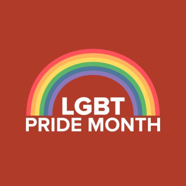 Kırmızı arka planda izole edilmiş, gurur rengi şeritli kurdele bayrağı olan mutlu bir gurur ayı kare afişi. LGBT Onur Ayı ya da gurur günü posteri, davet kartı modern tarz tasarım şablonu.