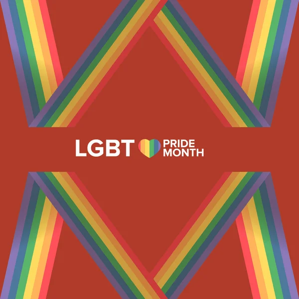 Happy pride maand vierkante banner met trots kleur gestreept lint vlag geïsoleerd op rode achtergrond. LGBT Trots maand of trots dag poster, uitnodiging partij kaart moderne stijl design template. — Stockvector