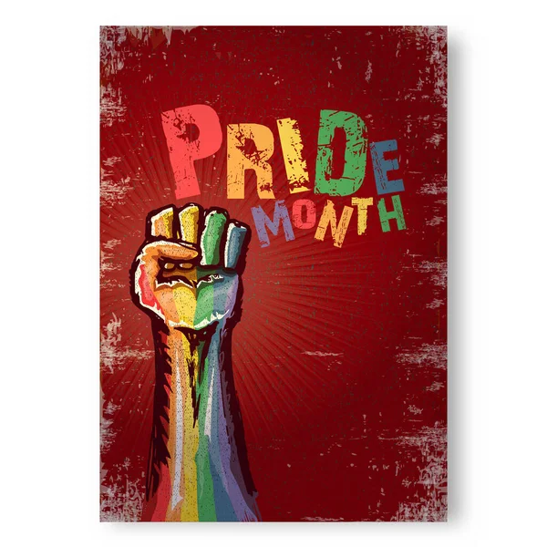 Happy Stolze Monat Grunge-Poster mit Rised LGBT Faust eingefärbt in lgbt Flagge isoliert auf rotem Hintergrund. LGBT Pride Monat oder Stolztag vertikale Plakatdesign-Vorlage. Kampf um LGBT-Rechte — Stockvektor