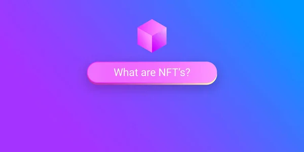 Próximamente en púrpura ¿Qué son nft, lo que es una pregunta nft plantilla de diseño de banner horizontal. NFT banner simbólico no fungible — Archivo Imágenes Vectoriales