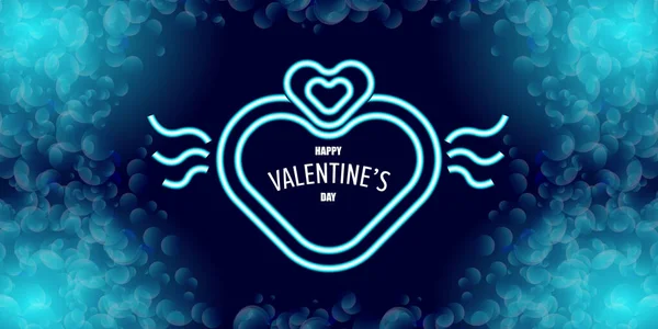 День святого Валентина приветствие горизонтального баннера с голубым неоновым сердцем и светящимися лазурными лепестками изолированы на заднем плане. Плакат на день Святого Валентина или открытка с блестящей синей планировкой и красивым сердцем — стоковый вектор