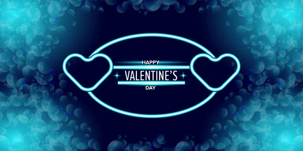 San Valentín saludo banner horizontal con corazón de neón azul y brillantes pétalos azules aislados en el fondo. Cartel del día de San Valentín o tarjeta de felicitación con diseño azul brillante y hermoso corazón — Archivo Imágenes Vectoriales