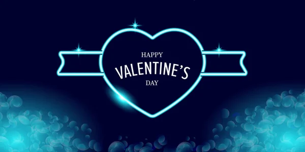 День святого Валентина приветствие горизонтального баннера с голубым неоновым сердцем и светящимися лазурными лепестками изолированы на заднем плане. Плакат на день Святого Валентина или открытка с блестящей синей планировкой и красивым сердцем — стоковый вектор