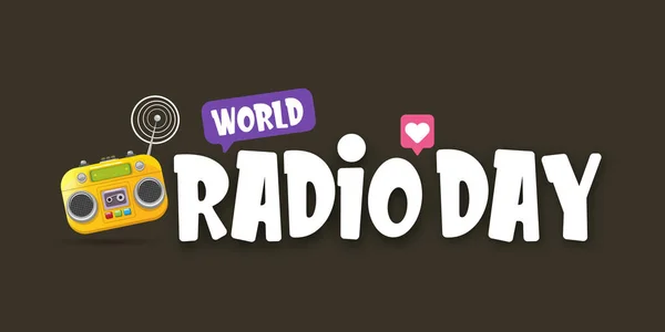 Banner horizontal do dia de rádio do mundo vetorial com antigo leitor de cassetes estéreo isolado em fundo cinza abstrato. Cartoon funky hipster Banner dia de rádio, rótulo, sinal, ícone ou cartaz com rádio —  Vetores de Stock