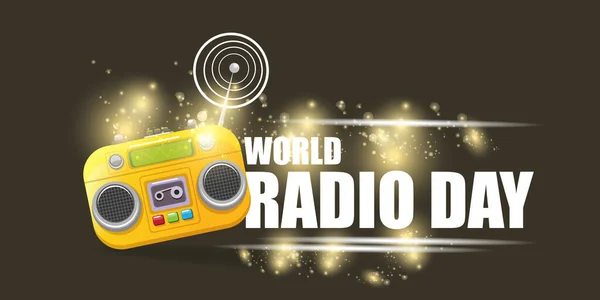 Вектор Світовий радіо день горизонтальний банер зі старим стереопрогравачем касети ізольовано на абстрактному сірому фоні. Мультфільм фанк хіпстер Радіо день банер, ярлик, знак, значок або плакат з радіо — стоковий вектор